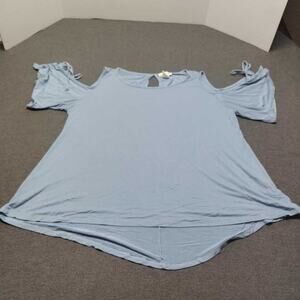 Moon Kiss Women's Cold Shoulder Tie Sleeve Keyhole Top Size L Light Blue Casual